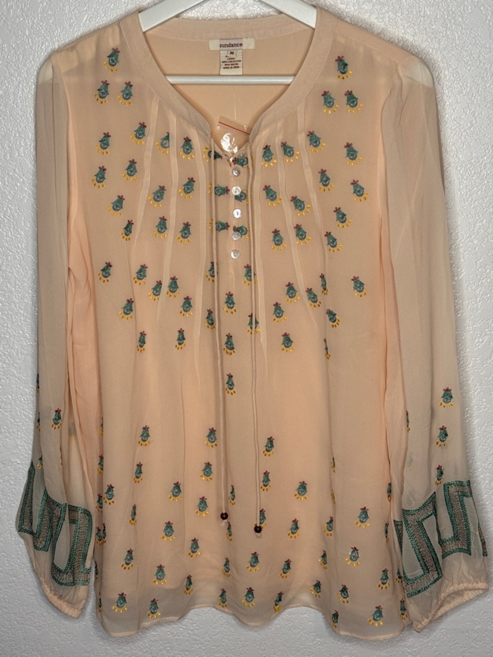 Sundance Peach Embroidered Silk Peasant Blouse Size Medium NWOT